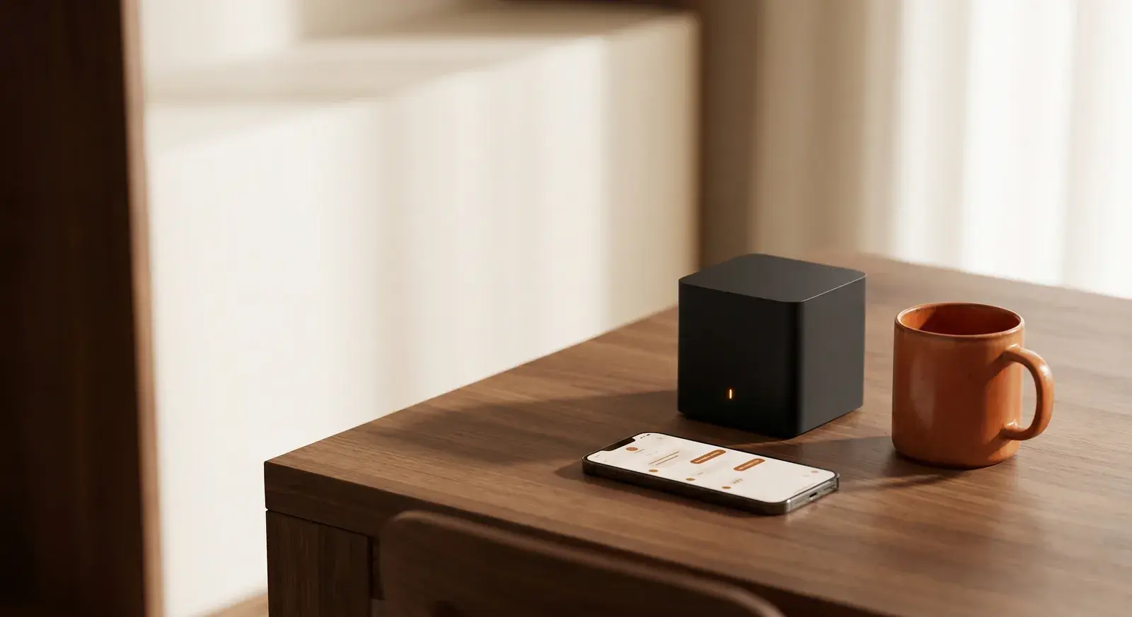 Compact AI computer on a walnut desk beside a phone showing a messenger app