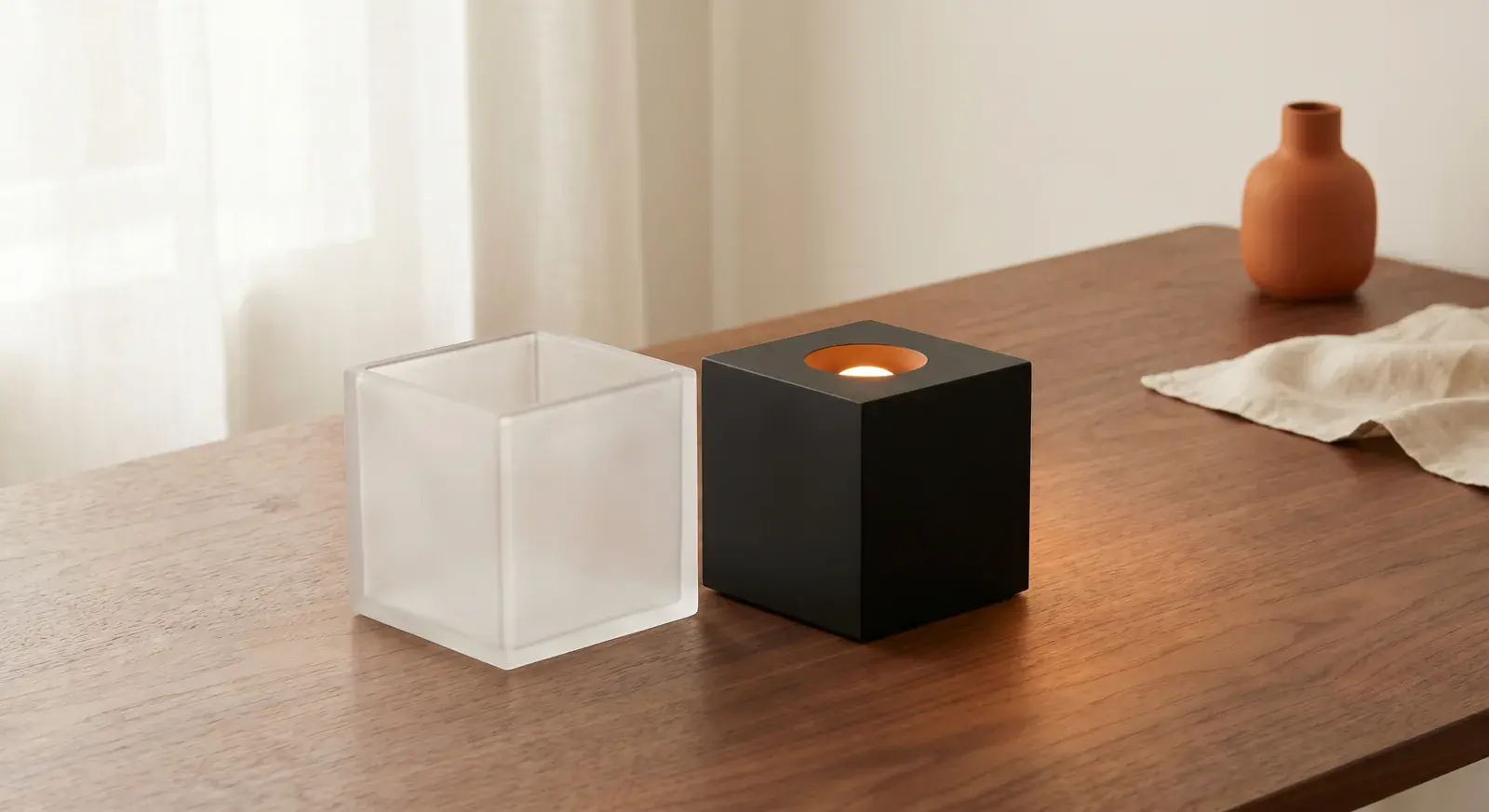A fragile translucent glass cube beside a solid matte-black owned unit, rented versus owned